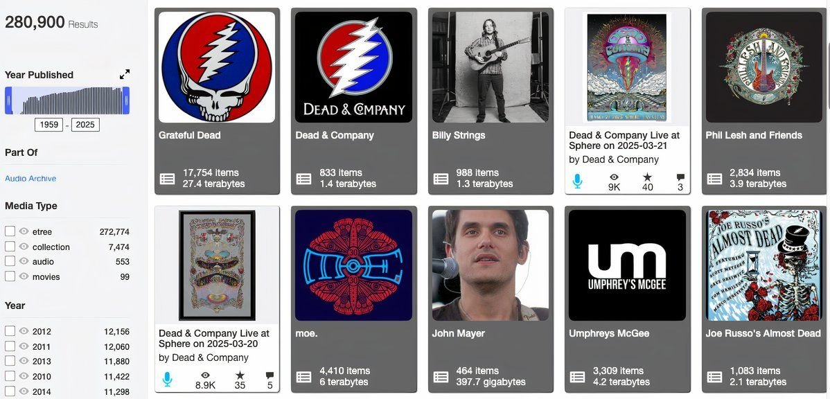 The Internet Archive's music menu.