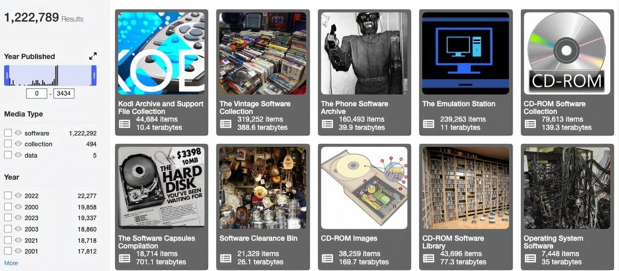 The Internet Archive's software menu.